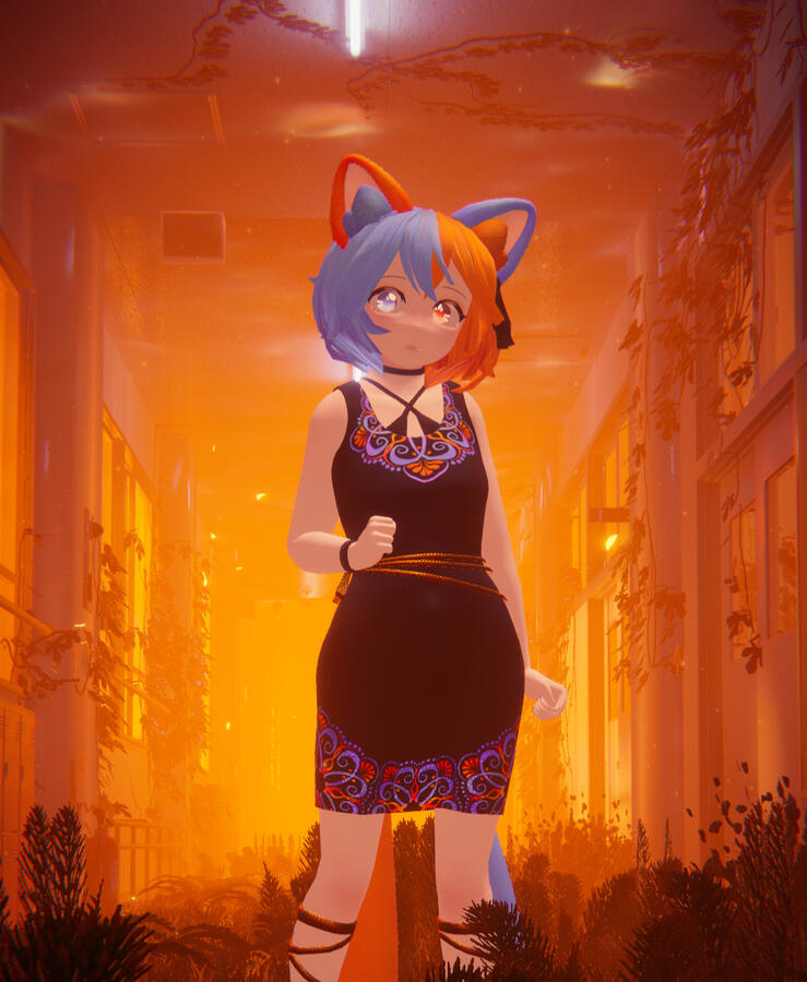 Keidakat standing in an orange hallway